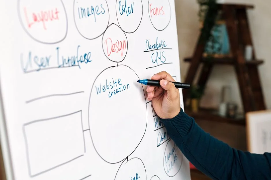 Detailed close-up of a hand-drawn wireframe design on paper for a UX project.